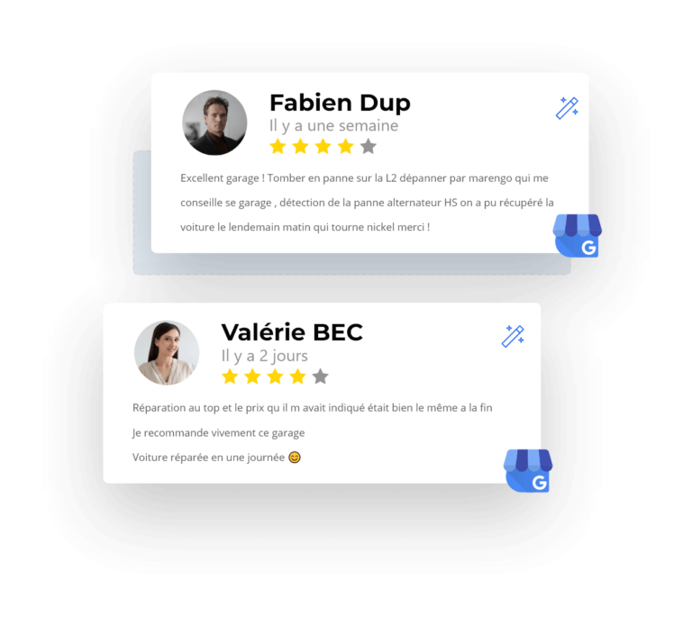 Avis Google de clients d’un garage affichés dans Seven