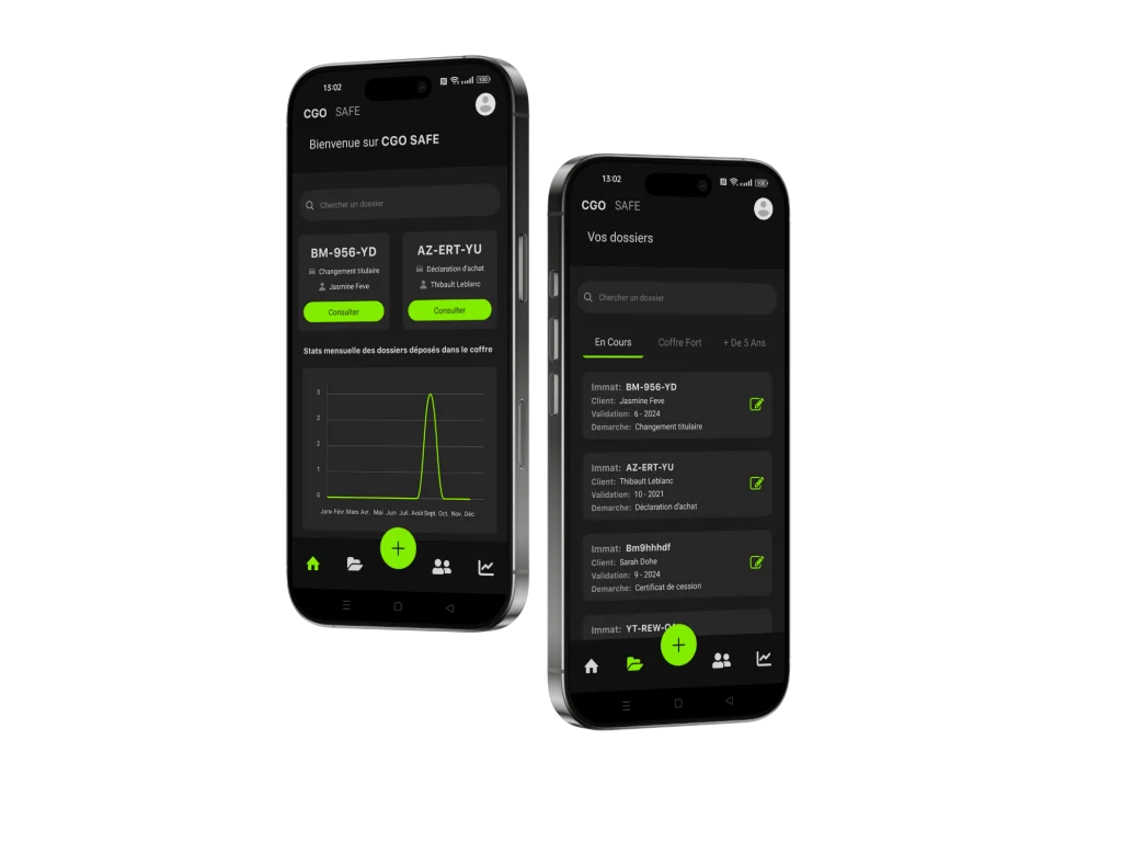 Application mobile CGO Safe : statistiques des dossiers déposés et liste des dossiers par immatriculation