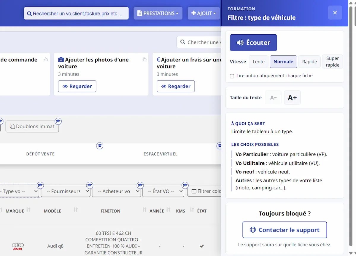 Mode formation de Seven : repères bleus sur l’écran du stock et fiche d’aide dans le volet de droite