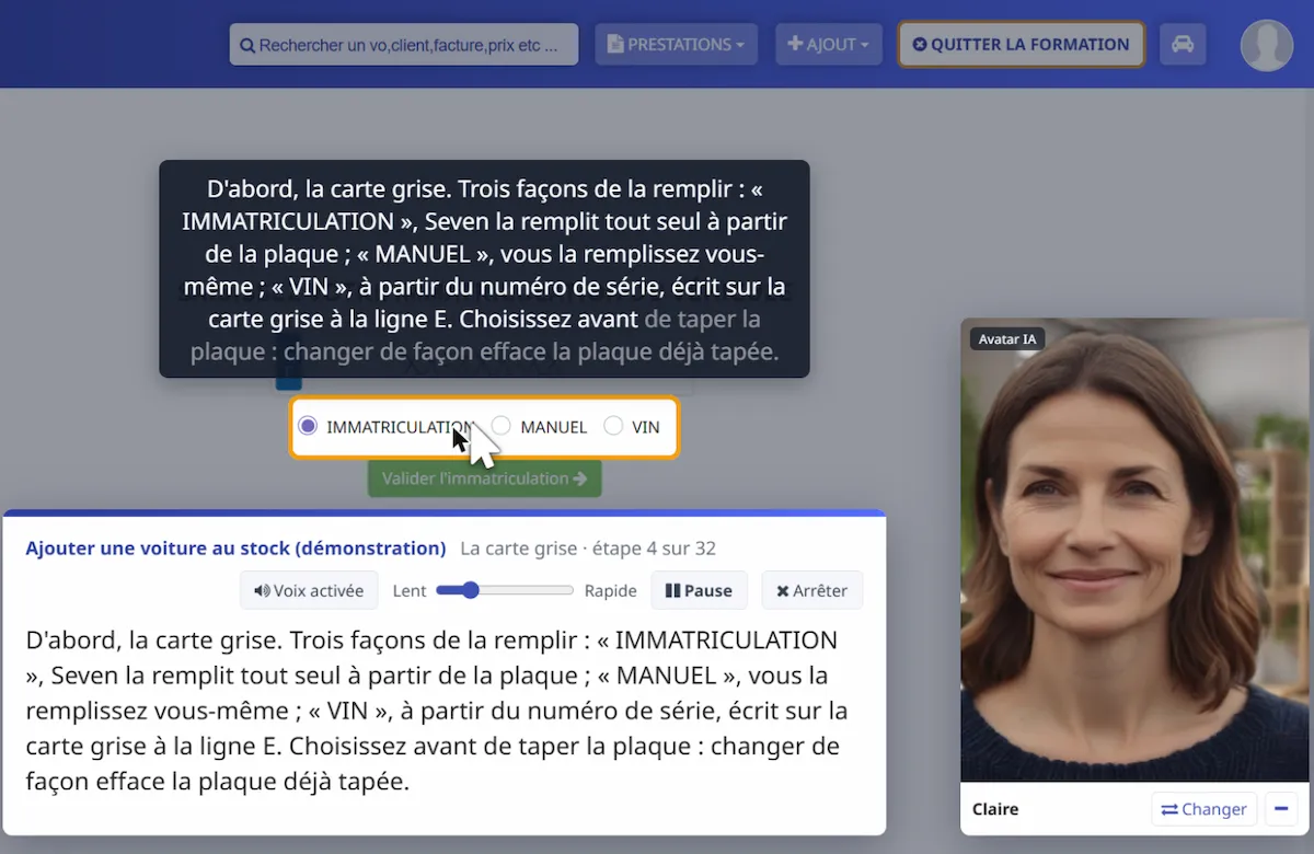 Vidéo guidée de Seven : zone éclairée, sous-titre, bandeau de lecture et formatrice virtuelle signalée Avatar IA